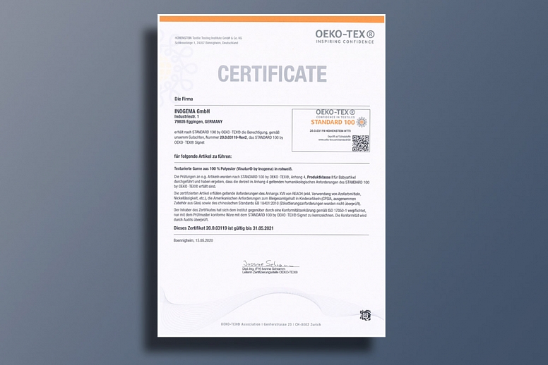 OEKO-TEX® 100 Zertifikat für  Vinatur® Garne